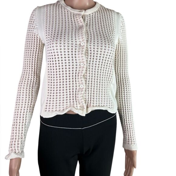 Tory Burch Cream & Pink Perforated Cardigan - Picture 1 of 7